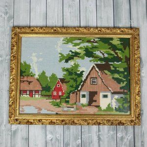 Vintage Completed Americana Needlepoint Framed Picture -1960s Farm/House/Country